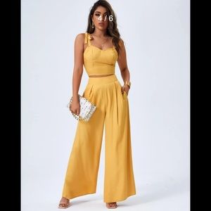 SHEIN yellow tie shoulder cami top and wide leg pants set